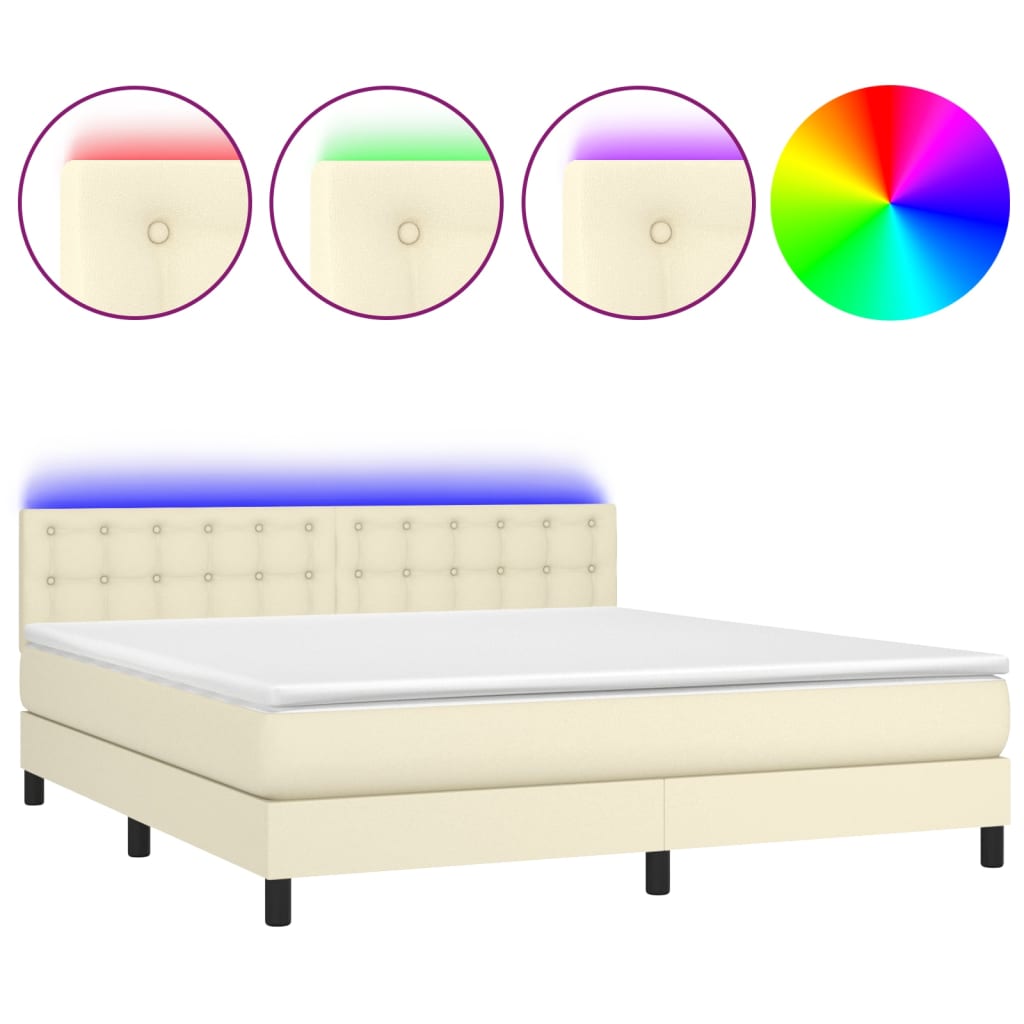 vidaXL Κρεβάτι Boxspring με Στρώμα & LED Κρεμ 180x200 εκ. Συνθ. Δέρμα