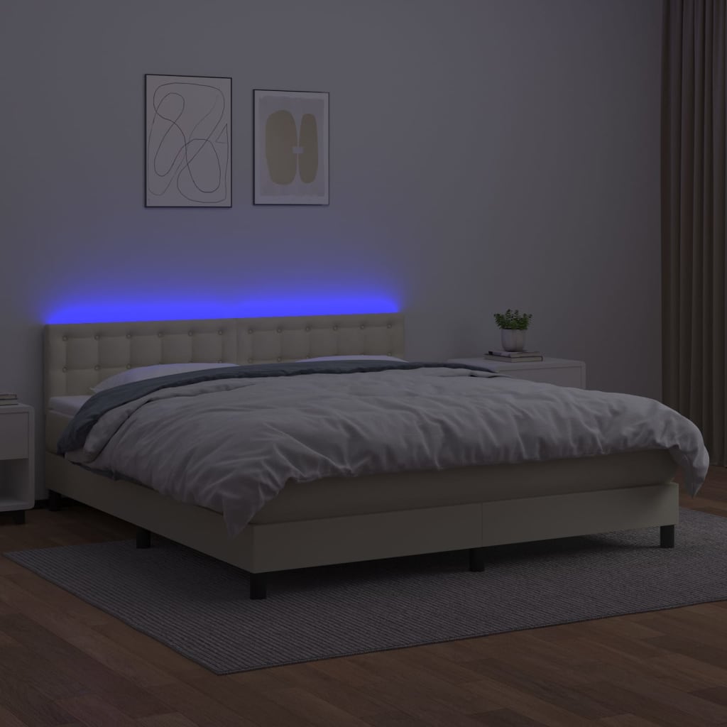 vidaXL Κρεβάτι Boxspring με Στρώμα & LED Κρεμ 180x200 εκ. Συνθ. Δέρμα