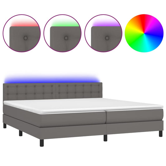 vidaXL Κρεβάτι Boxspring με Στρώμα & LED Γκρι 200x200 εκ. Συνθ. Δέρμα