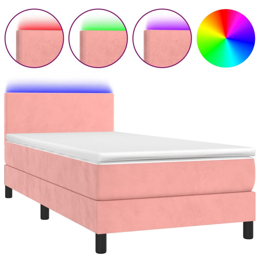 vidaXL Κρεβάτι Boxspring με Στρώμα & LED Ροζ 80 x 200 εκ. Βελούδινο