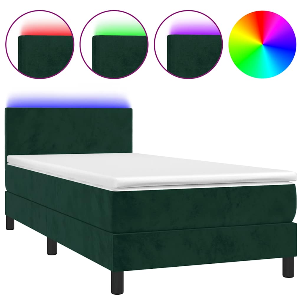 vidaXL Κρεβάτι Boxspring με Στρώμα & LED Σκ. Πράσινο 90x190 εκ Βελούδο