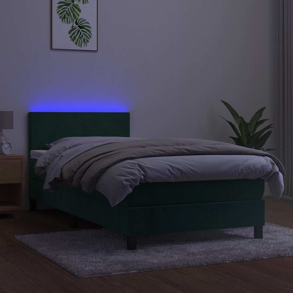 vidaXL Κρεβάτι Boxspring με Στρώμα & LED Σκ. Πράσινο 90x190 εκ Βελούδο