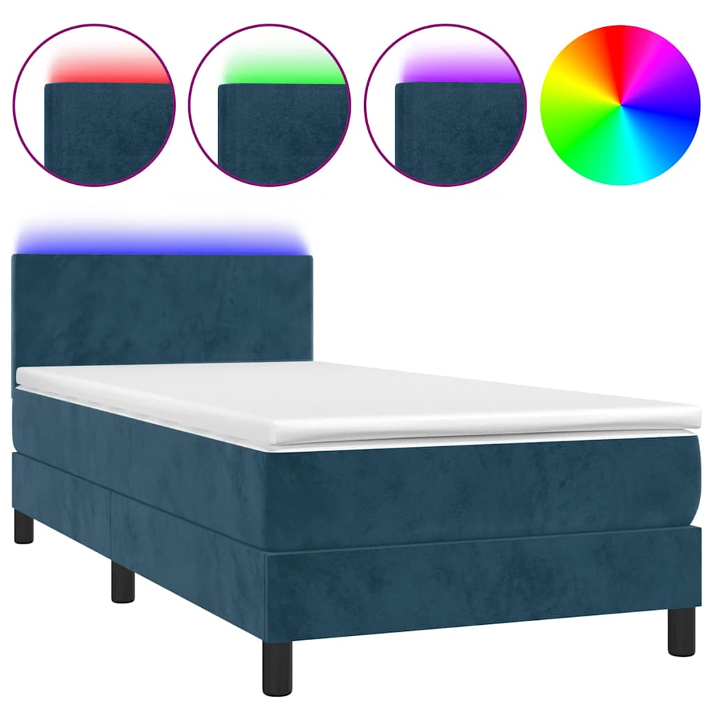 vidaXL Κρεβάτι Boxspring με Στρώμα & LED Σκ. Μπλε 90x190 εκ. Βελούδινο