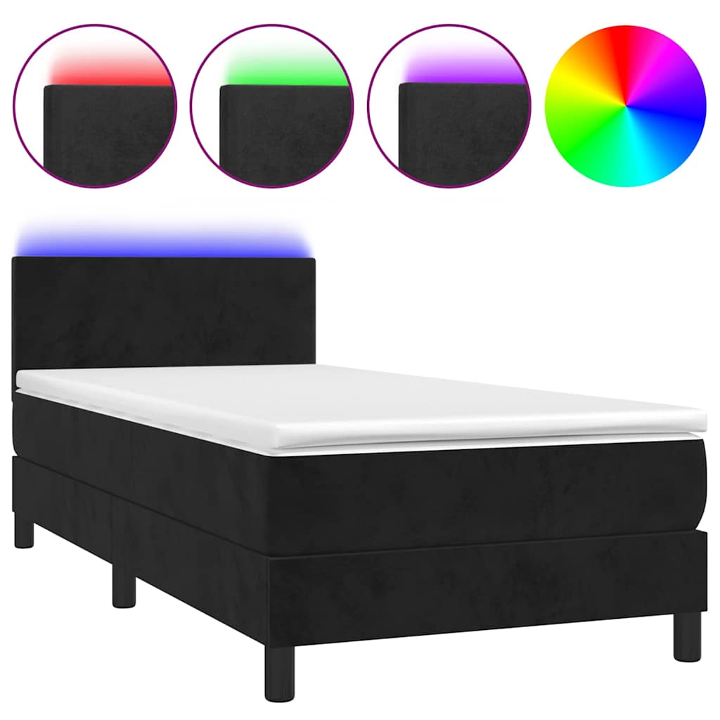 vidaXL Κρεβάτι Boxspring με Στρώμα & LED Μαύρο 90x200 εκ. Βελούδινο