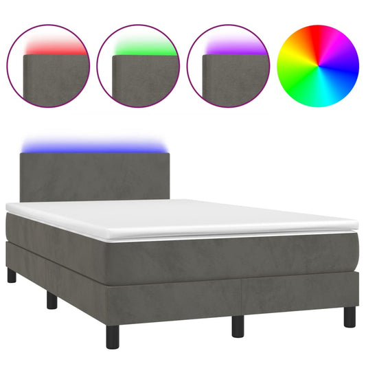 vidaXL Κρεβάτι Boxspring με Στρώμα & LED Σκ. Γκρι 120x200εκ. Βελούδινο