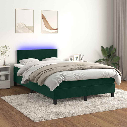 vidaXL Κρεβάτι Boxspring με Στρώμα & LED Σκ. Πράσινο 120x200εκ Βελούδο