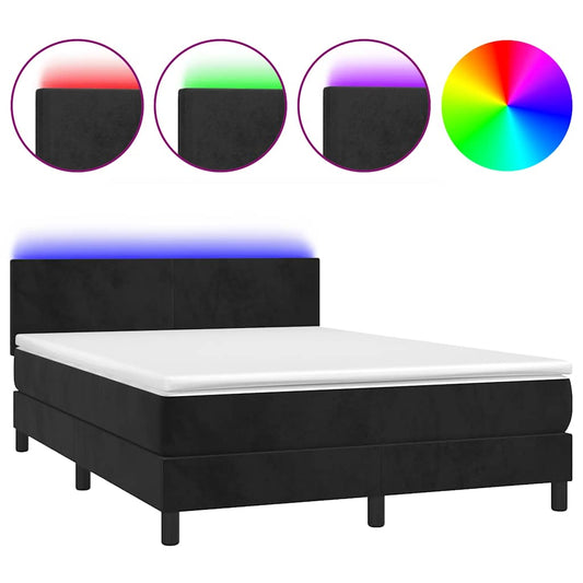 vidaXL Κρεβάτι Boxspring με Στρώμα & LED Μαύρο 140x190 εκ. Βελούδινο