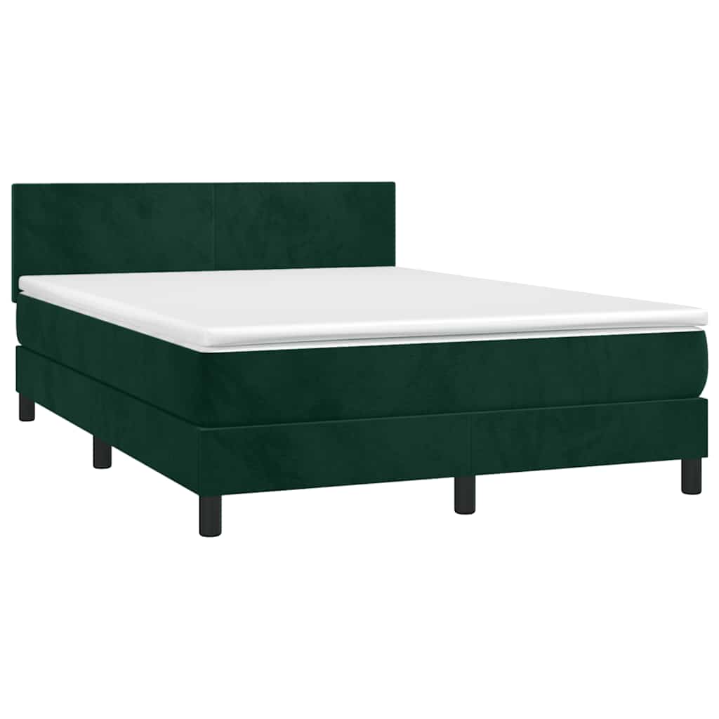 vidaXL Κρεβάτι Boxspring με Στρώμα & LED Σκ. Πράσινο 140x190εκ Βελούδο
