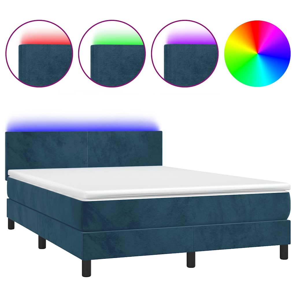 vidaXL Κρεβάτι Boxspring με Στρώμα & LED Σκ. Μπλε 140x190εκ. Βελούδινο