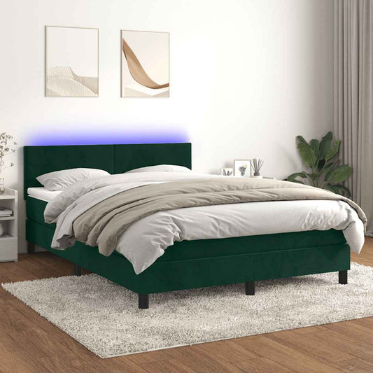 vidaXL Κρεβάτι Boxspring με Στρώμα & LED Σκ. Πράσινο 140x200εκ Βελούδο