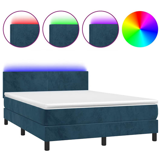vidaXL Κρεβάτι Boxspring με Στρώμα & LED Σκ. Μπλε 140x200εκ. Βελούδινο