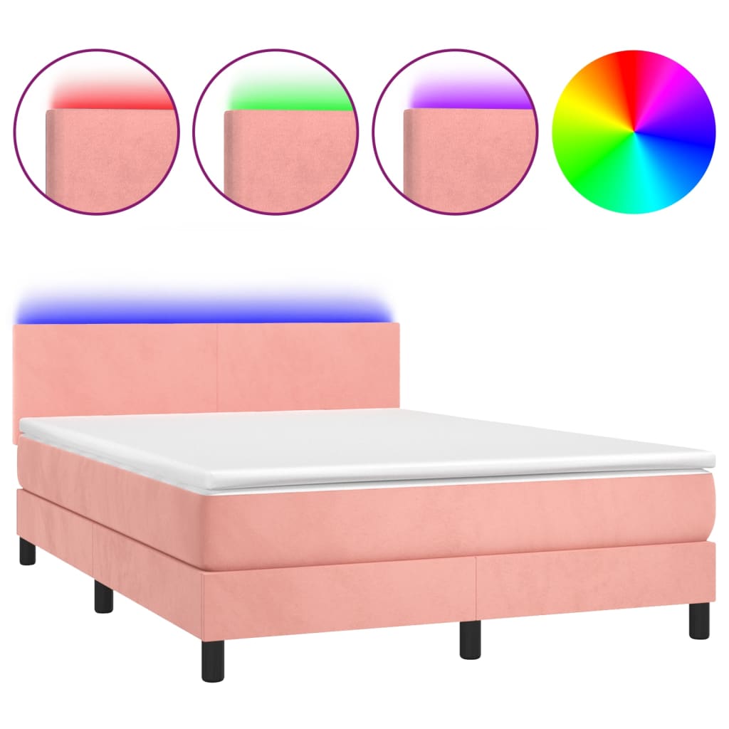 vidaXL Κρεβάτι Boxspring με Στρώμα & LED Ροζ 140x200 εκ. Βελούδινο