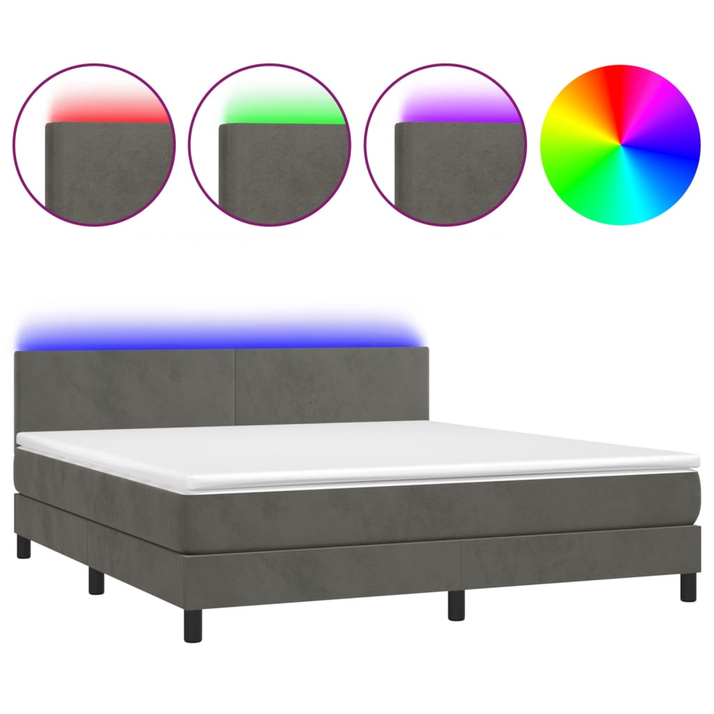 vidaXL Κρεβάτι Boxspring με Στρώμα & LED Σκ. Γκρι 160x200εκ. Βελούδινο