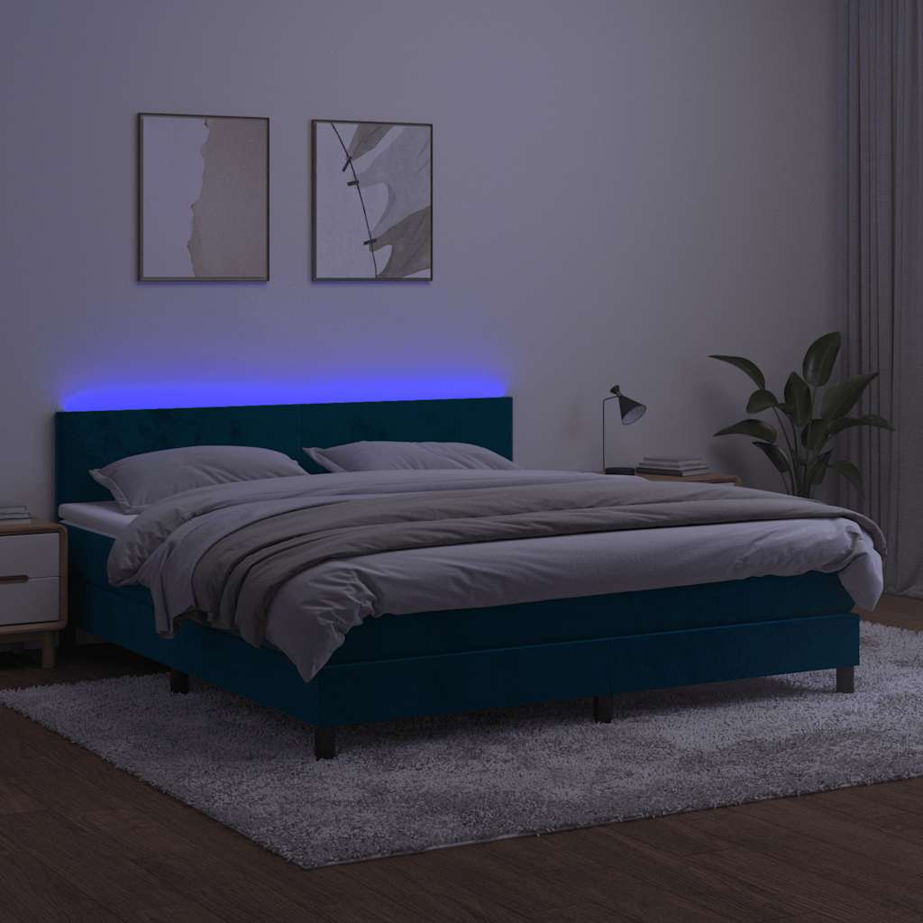 vidaXL Κρεβάτι Boxspring με Στρώμα & LED Σκ. Μπλε 180x200εκ. Βελούδινο