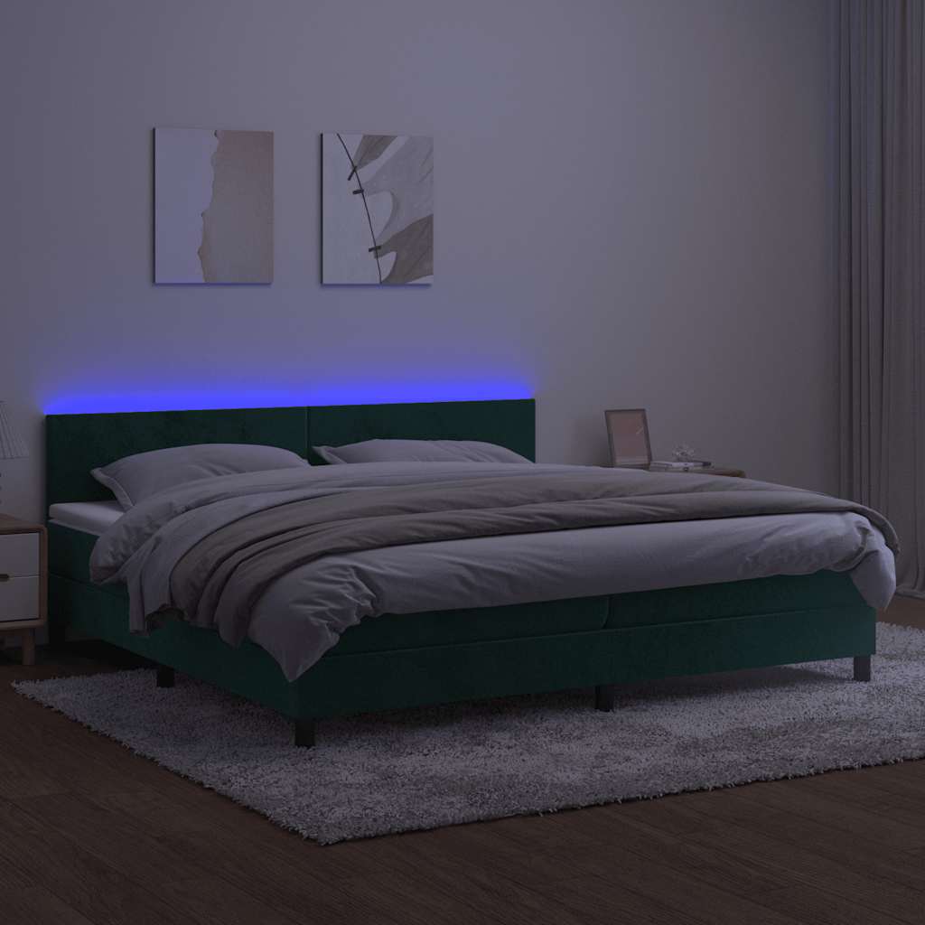 vidaXL Κρεβάτι Boxspring με Στρώμα & LED Σκ. Πράσινο 200x200εκ Βελούδο