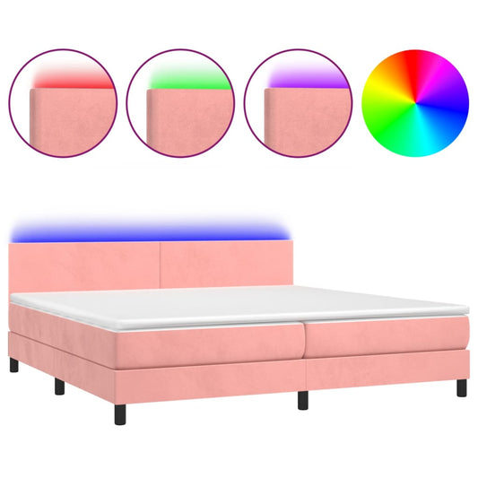 vidaXL Κρεβάτι Boxspring με Στρώμα & LED Ροζ 200x200 εκ. Βελούδινο