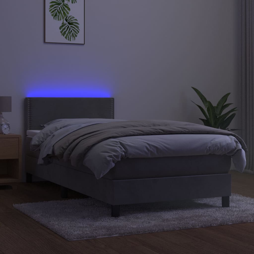 vidaXL Κρεβάτι Boxspring με Στρώμα & LED Αν.Γκρι 90x190 εκ. Βελούδινο