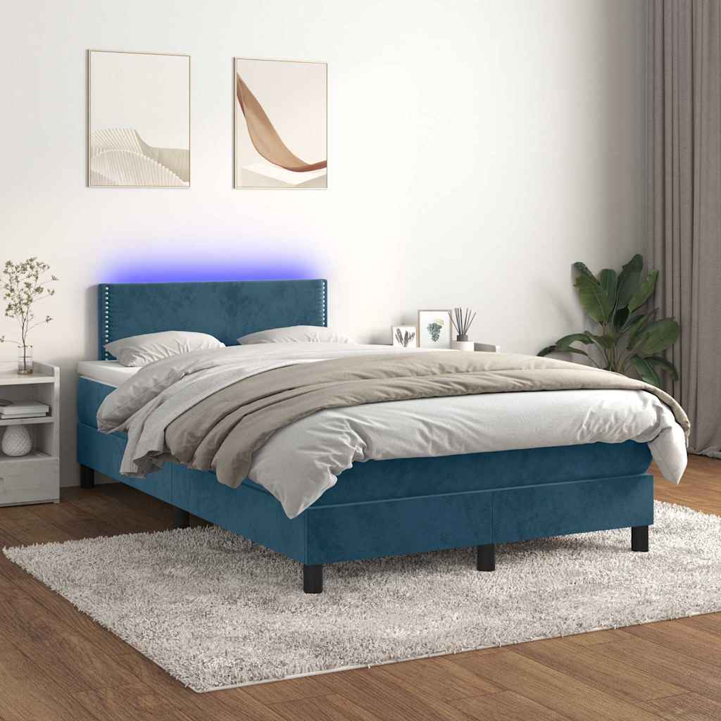 vidaXL Κρεβάτι Boxspring με Στρώμα & LED Σκ. Μπλε 120x200εκ. Βελούδινο