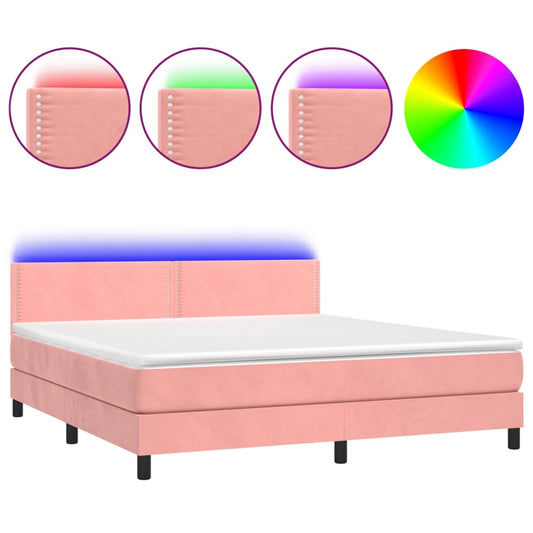 vidaXL Κρεβάτι Boxspring με Στρώμα & LED Ροζ 180x200 εκ. Βελούδινο
