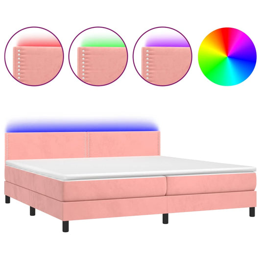 vidaXL Κρεβάτι Boxspring με Στρώμα & LED Ροζ 200x200 εκ. Βελούδινο