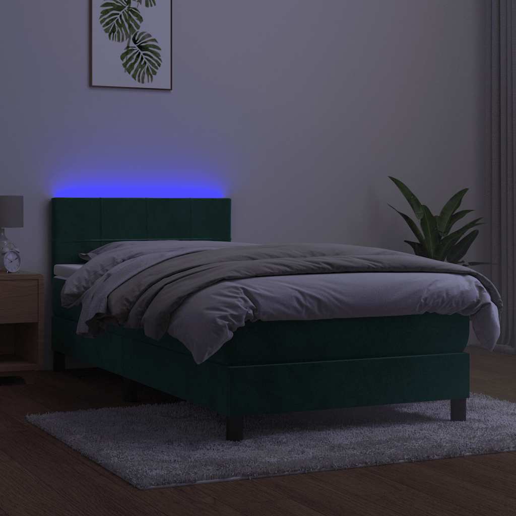vidaXL Κρεβάτι Boxspring με Στρώμα & LED Σκ. Πράσινο 80x200 εκ Βελούδο