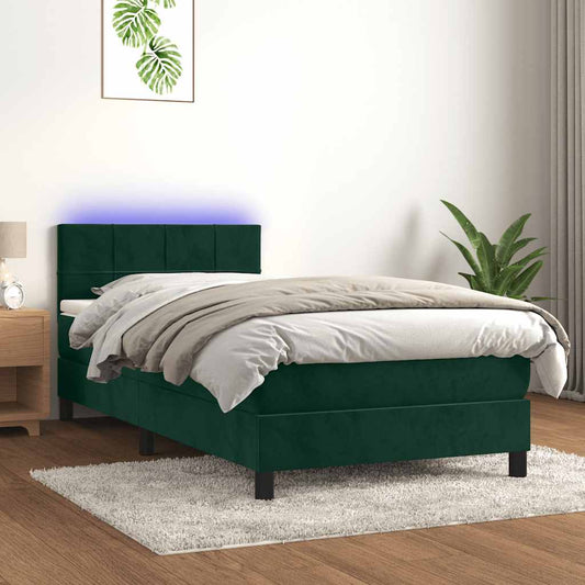 vidaXL Κρεβάτι Boxspring με Στρώμα & LED Σκ. Πράσινο 90x190 εκ Βελούδο