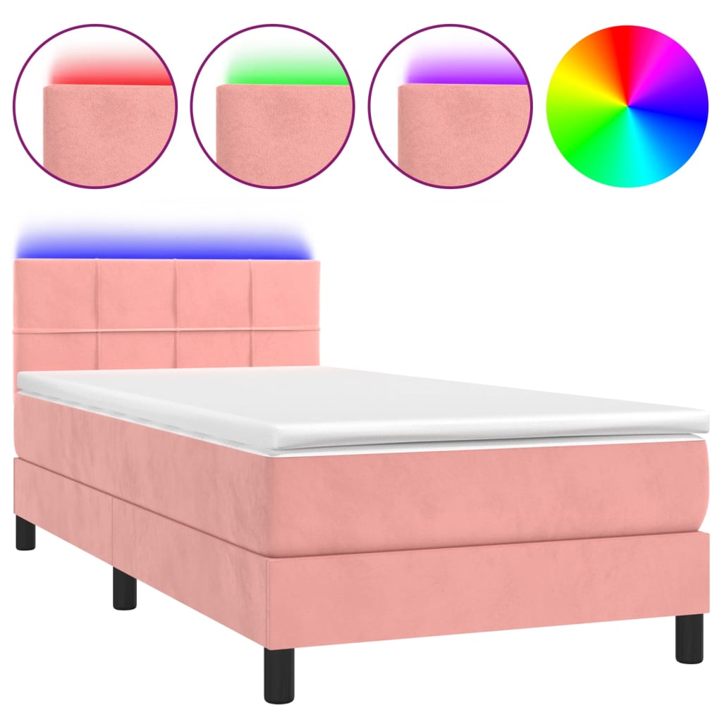 vidaXL Κρεβάτι Boxspring με Στρώμα & LED Ροζ 90x190 εκ. Βελούδινο