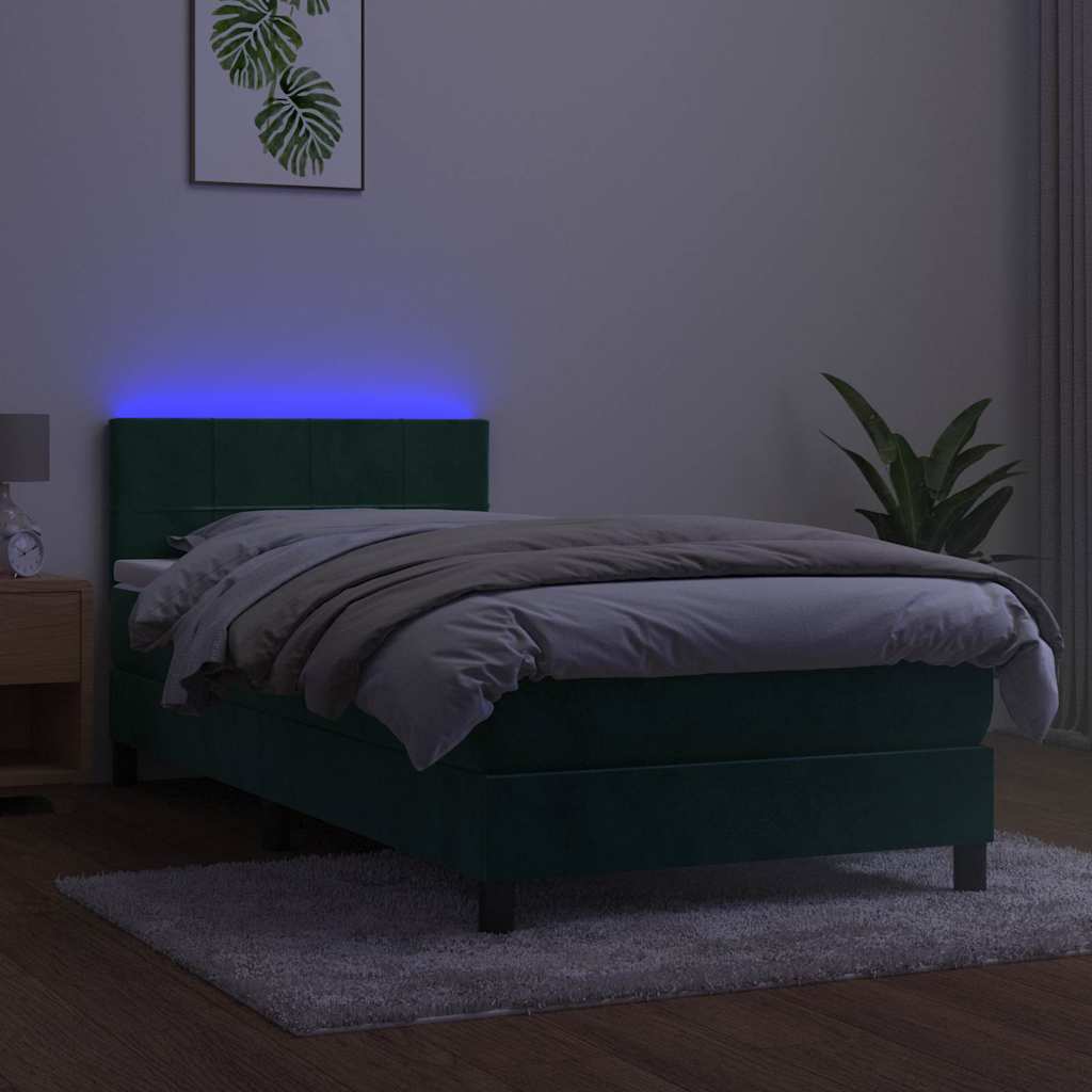 vidaXL Κρεβάτι Boxspring με Στρώμα & LED Σκ. Πράσινο 90x200 εκ Βελούδο
