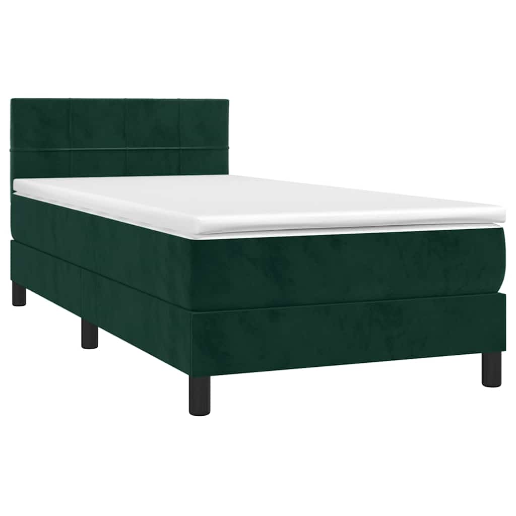 vidaXL Κρεβάτι Boxspring με Στρώμα & LED Σκ. Πράσινο 100x200εκ Βελούδο