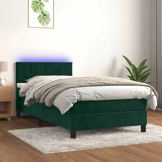 vidaXL Κρεβάτι Boxspring με Στρώμα & LED Σκ. Πράσινο 100x200εκ Βελούδο
