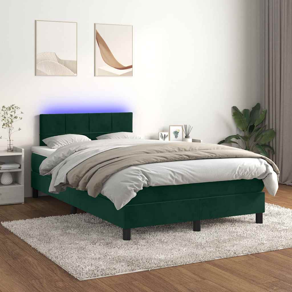 vidaXL Κρεβάτι Boxspring με Στρώμα & LED Σκ. Πράσινο 120x200εκ Βελούδο