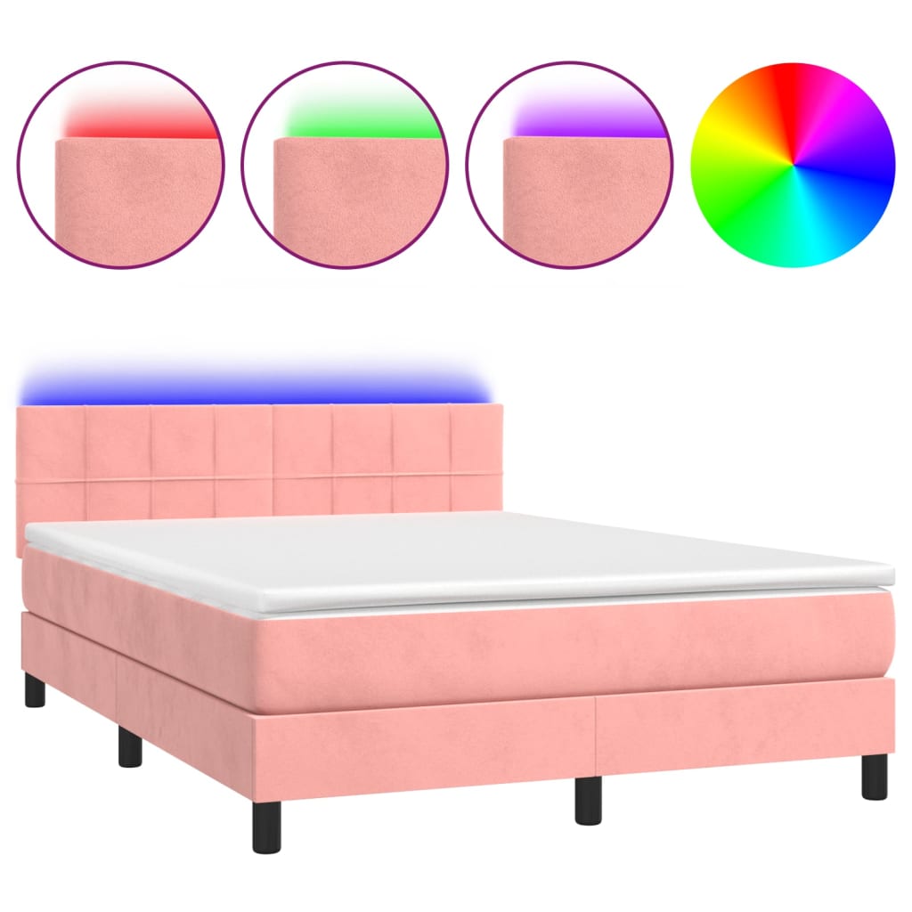 vidaXL Κρεβάτι Boxspring με Στρώμα & LED Ροζ 140x200 εκ. Βελούδινο