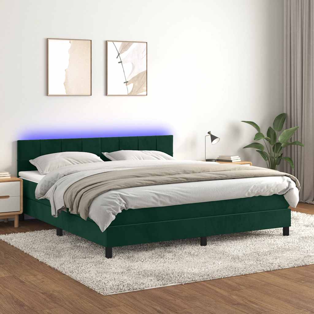 vidaXL Κρεβάτι Boxspring με Στρώμα & LED Σκ. Πράσινο 160x200εκ Βελούδο