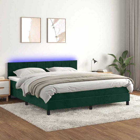 vidaXL Κρεβάτι Boxspring με Στρώμα & LED Σκ. Πράσινο 160x200εκ Βελούδο