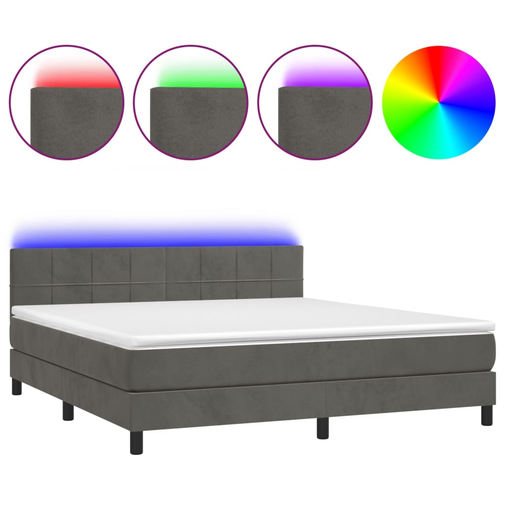 vidaXL Κρεβάτι Boxspring με Στρώμα & LED Σκ. Γκρι 180x200εκ. Βελούδινο