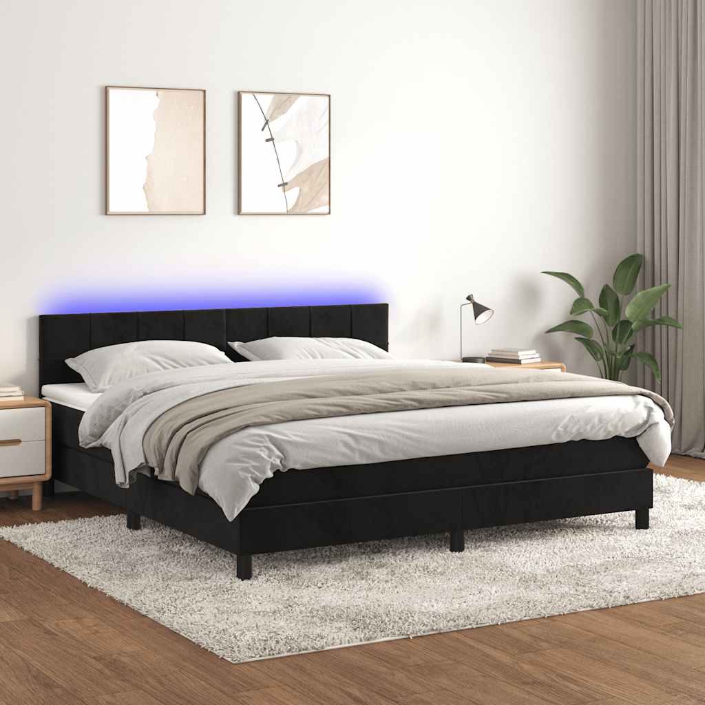 vidaXL Κρεβάτι Boxspring με Στρώμα & LED Μαύρο 180x200 εκ. Βελούδινο