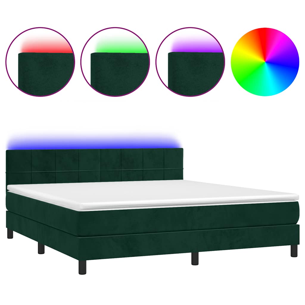 vidaXL Κρεβάτι Boxspring με Στρώμα & LED Σκ. Πράσινο 180x200εκ Βελούδο