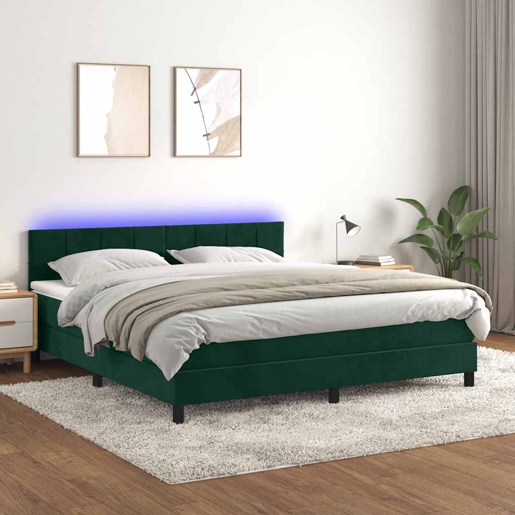 vidaXL Κρεβάτι Boxspring με Στρώμα & LED Σκ. Πράσινο 180x200εκ Βελούδο