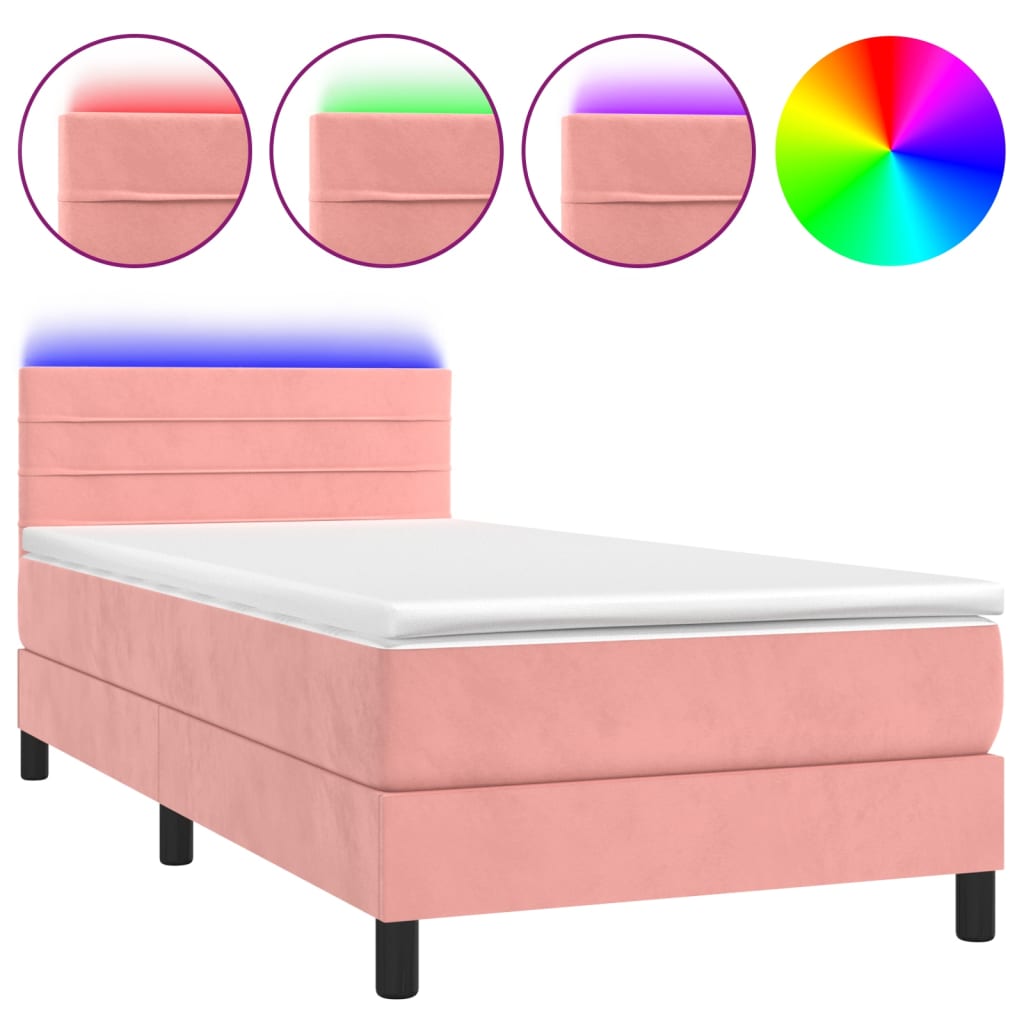 vidaXL Κρεβάτι Boxspring με Στρώμα & LED Ροζ 80 x 200 εκ. Βελούδινο