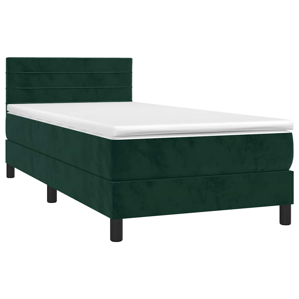 vidaXL Κρεβάτι Boxspring με Στρώμα & LED Σκ. Πράσινο 90x190 εκ Βελούδο