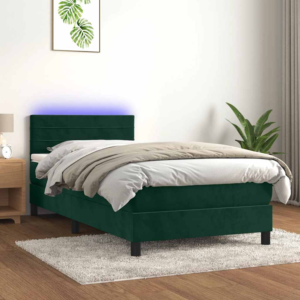vidaXL Κρεβάτι Boxspring με Στρώμα & LED Σκ. Πράσινο 90x190 εκ Βελούδο