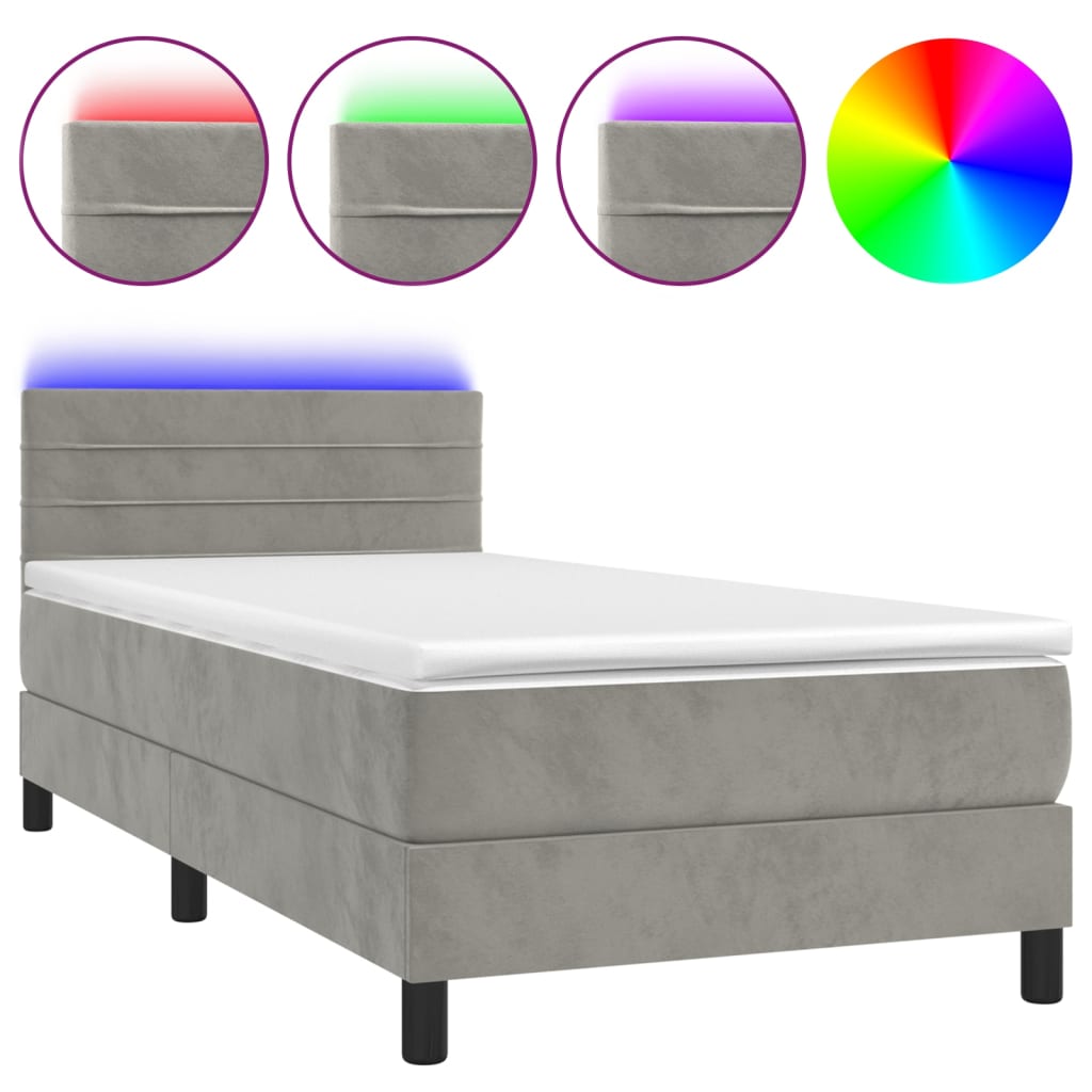 vidaXL Κρεβάτι Boxspring με Στρώμα & LED Αν.Γκρι 90x200 εκ. Βελούδινο