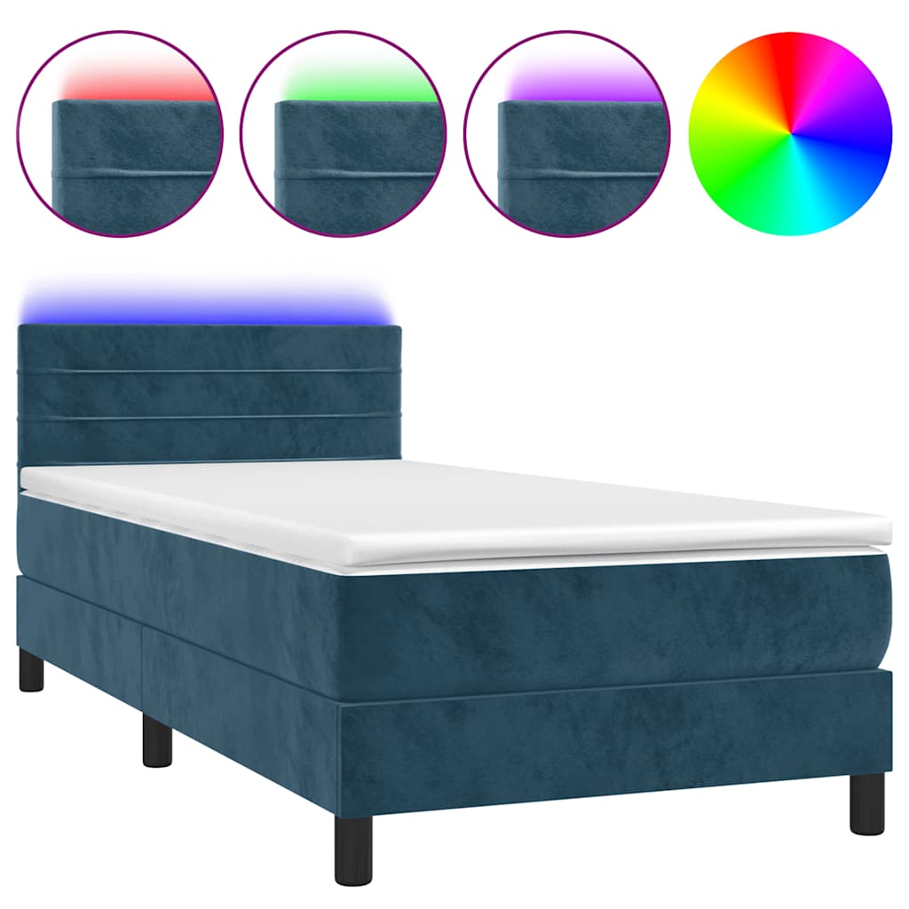 vidaXL Κρεβάτι Boxspring με Στρώμα & LED Σκ. Μπλε 90x200 εκ. Βελούδινο