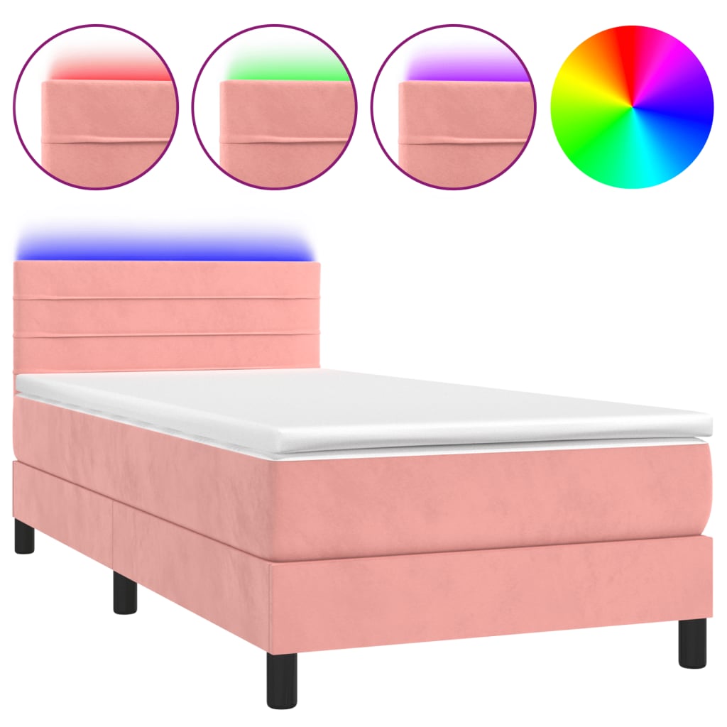 vidaXL Κρεβάτι Boxspring με Στρώμα & LED Ροζ 90x200 εκ. Βελούδινο