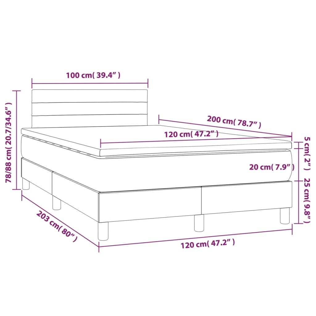 vidaXL Κρεβάτι Boxspring με Στρώμα & LED Σκ. Γκρι 120x200εκ. Βελούδινο