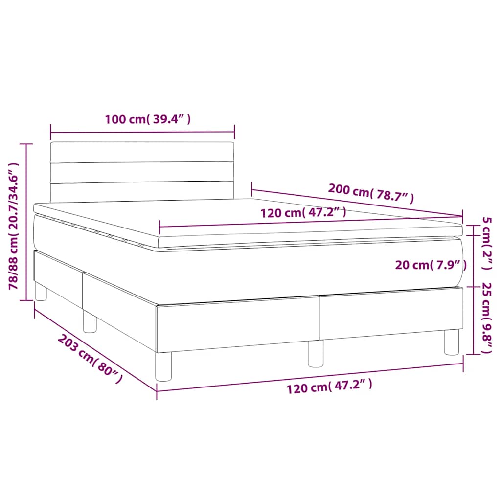vidaXL Κρεβάτι Boxspring με Στρώμα & LED Μαύρο 120x200 εκ. Βελούδινο