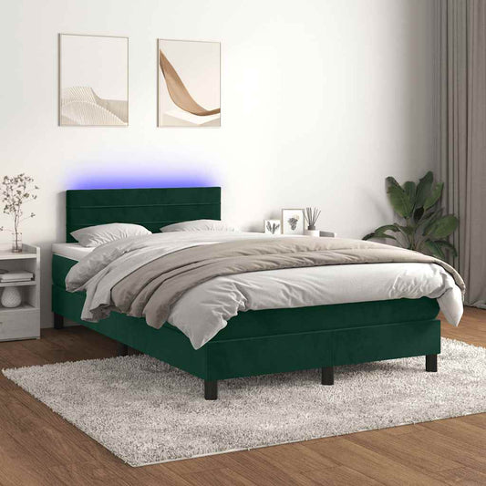 vidaXL Κρεβάτι Boxspring με Στρώμα & LED Σκ. Πράσινο 120x200εκ Βελούδο