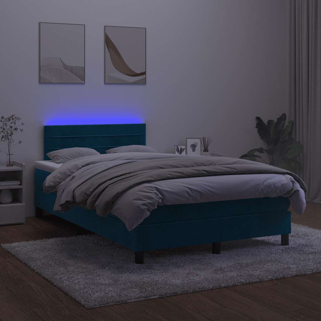 vidaXL Κρεβάτι Boxspring με Στρώμα & LED Σκ. Μπλε 120x200εκ. Βελούδινο