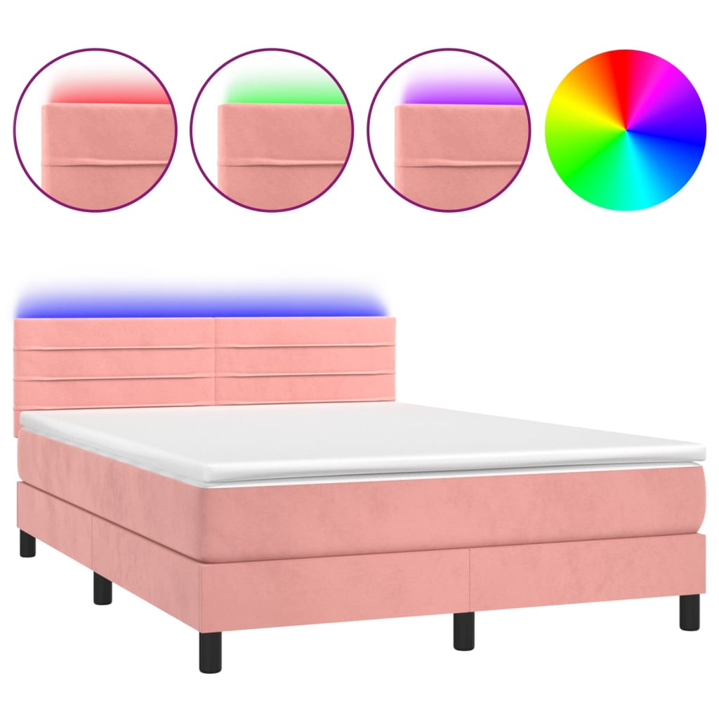 vidaXL Κρεβάτι Boxspring με Στρώμα & LED Ροζ 140x190 εκ. Βελούδινο
