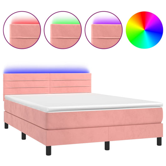 vidaXL Κρεβάτι Boxspring με Στρώμα & LED Ροζ 140x190 εκ. Βελούδινο